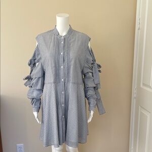 Striped Blue Tie-Sleeve Long-Sleeve Shirt Dress